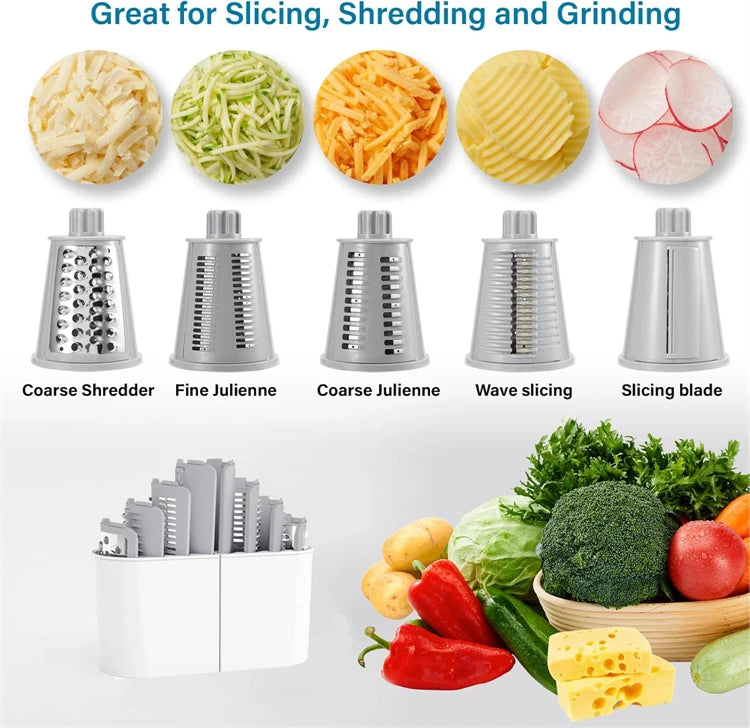 5 in 1 Cheese Grater - Rotary Stainless Steel Kitchen Vegetable Slicer & Nut Chopper