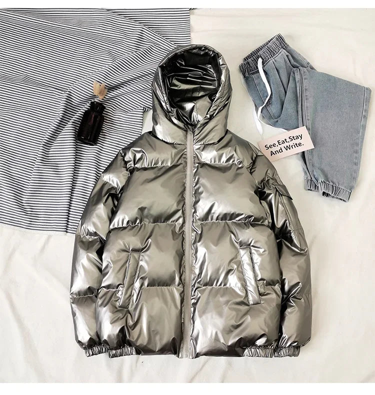 Streetwear Fashion Bright Silver Puffer Jackets for Men Thicken Winter Mens Coats Casual Hooded Cotton Wadded Heated Jacket Men