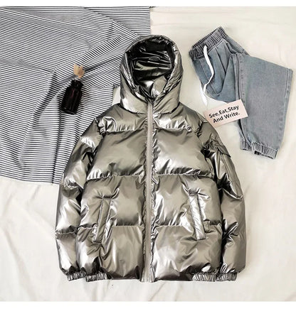 Streetwear Fashion Bright Silver Puffer Jackets for Men Thicken Winter Mens Coats Casual Hooded Cotton Wadded Heated Jacket Men