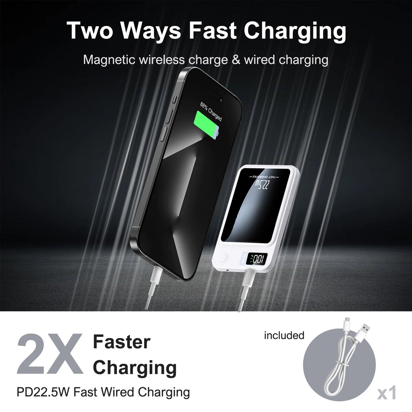 2-in-1 Wireless Magnetic Power Bank Fast Charging Portable PD 22.5W 10000mAh LED Power Display for iPhone 17/16/15/14 Samsung