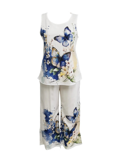 Simple Sleeveless Printed Vest Long Pants Set Women Summer Fashion Round Neck Casual T-Shirt Top Loose Pants Suit Clothes