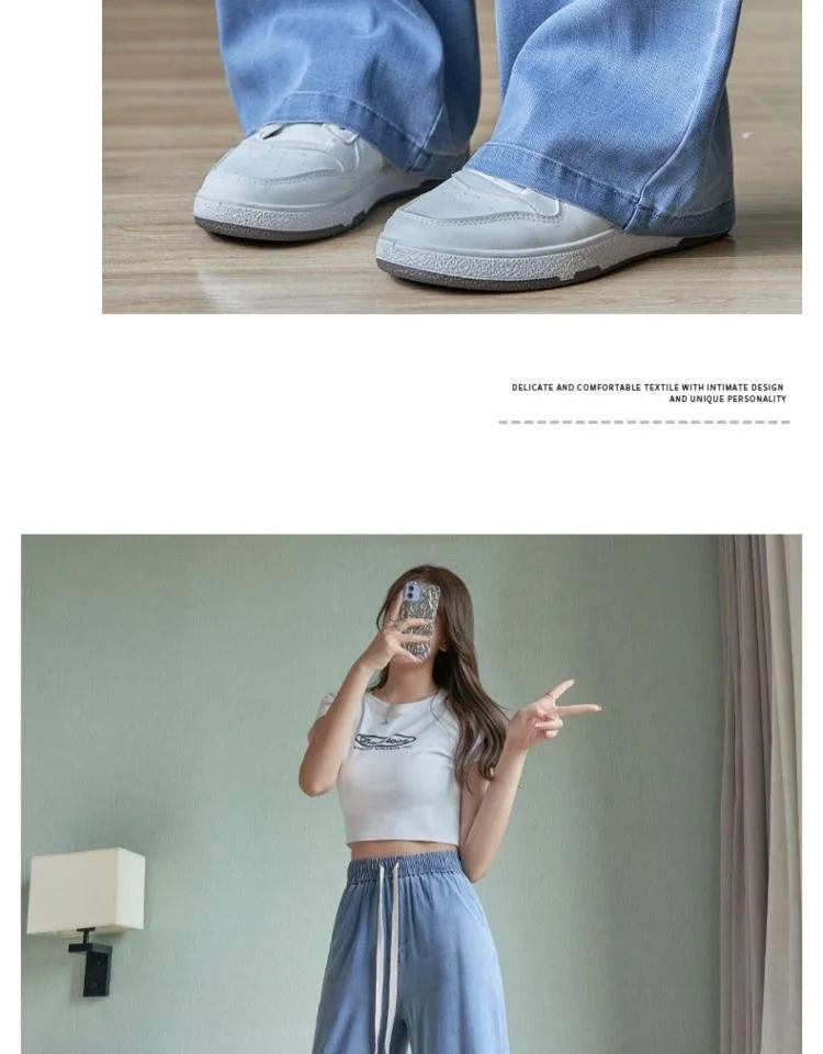 Summer Thin Soft Silk Loose Straight Leg Jeans Women's High Waist Wide Leg Pants Comfortable Breathable Casual Trousers