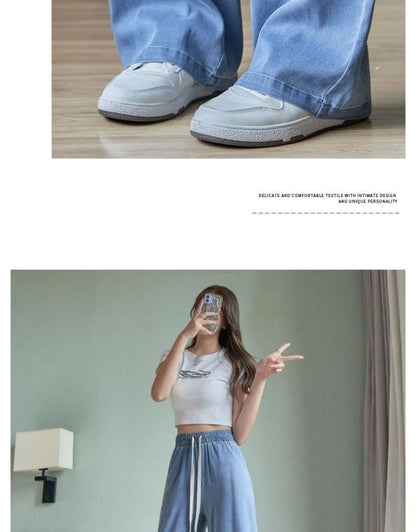 Summer Thin Soft Silk Loose Straight Leg Jeans Women's High Waist Wide Leg Pants Comfortable Breathable Casual Trousers