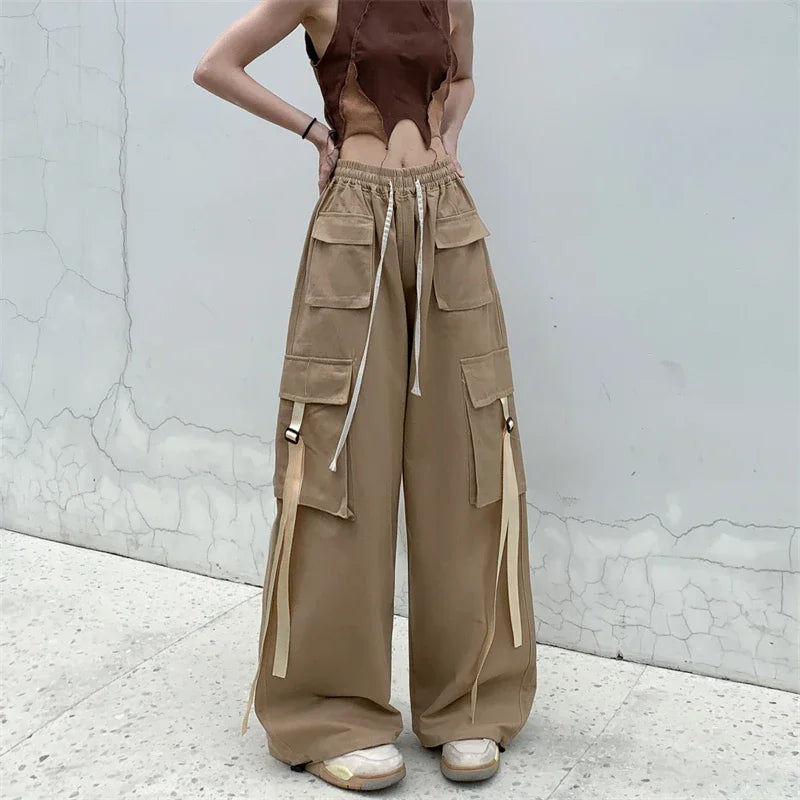 High Quality 2025 Cotton High Street Cargo Pants for Women Men with Ribbon High Waist Wide Leg Hip-hop Cool Dances Pants Ladies