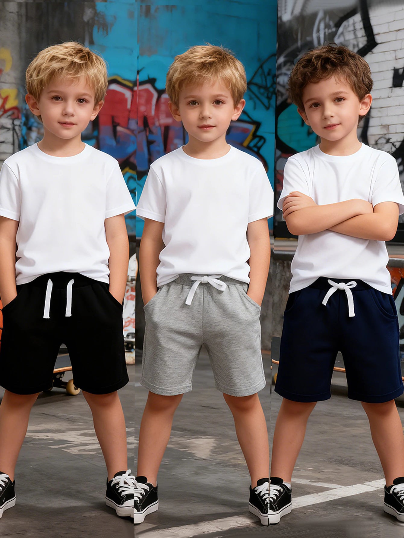 Trendy 3pcs Kids Boys Summer Casual Sweat Shorts Elastic Waistband Drawstring Pockets Soft Cotton Athletic Short Pants 2-7Y