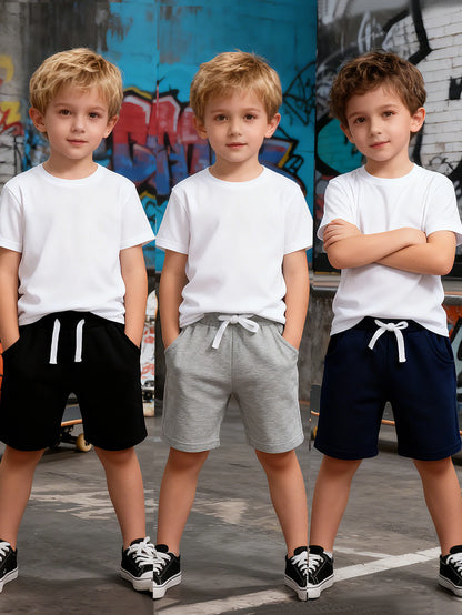 Trendy 3pcs Kids Boys Summer Casual Sweat Shorts Elastic Waistband Drawstring Pockets Soft Cotton Athletic Short Pants 2-7Y