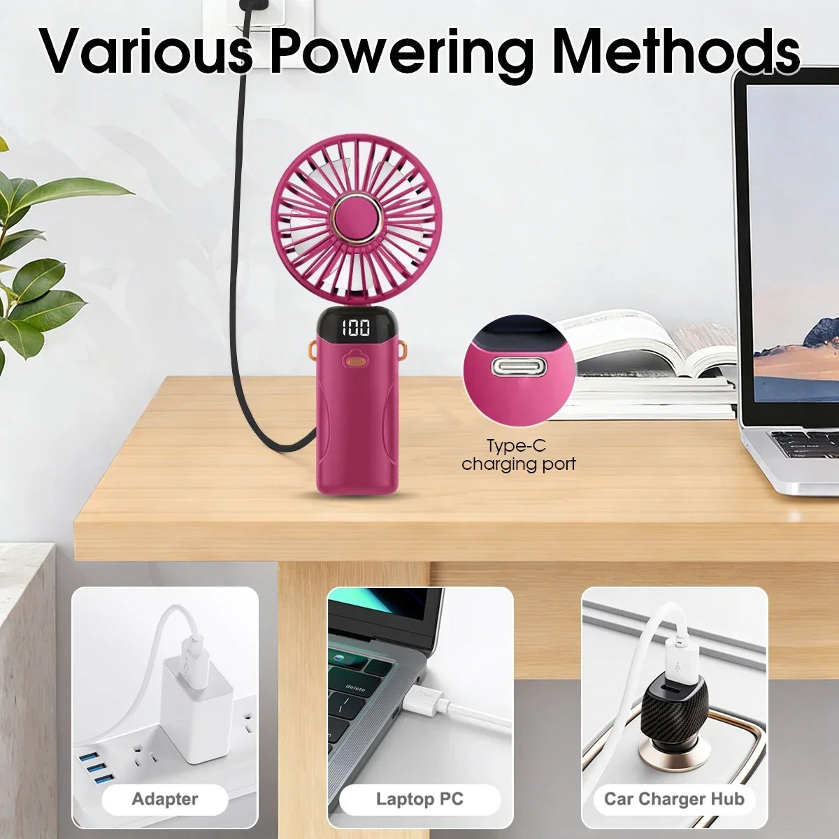USB Rechargeable Handheld Fan 1200mAh 6 Speeds Foldable LED Light Blade Portable Mini Fan Personal Cooler for Home Gift