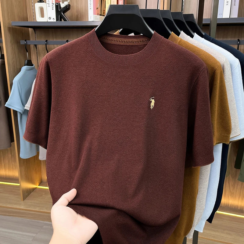 High-end Men's Crew Neck Knitted Sweater Casual Embroidered Trendy Base Shirt Short-sleeve T-shirt Solid Color Top for Summer