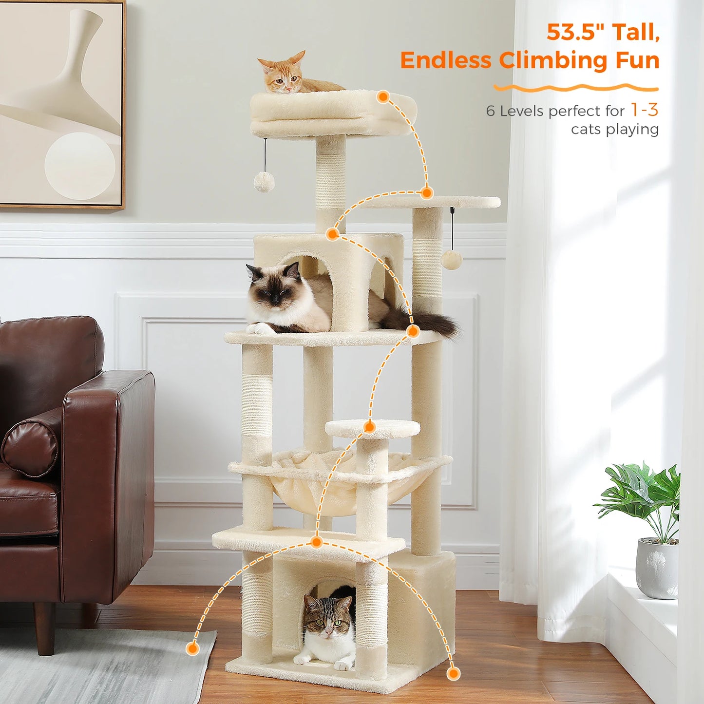 Large Cat Tree - Multi Level Indoor Cat Tower With Sisal Covered Posts & Spacious Condo