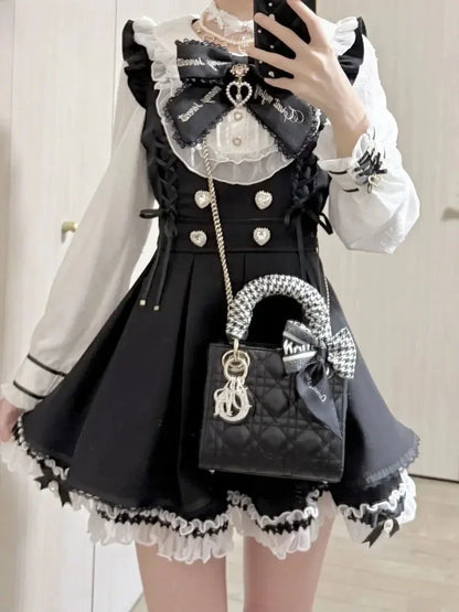 Japanese Y2 Aesthetics Vintage Bow Dress Shorts Set Women Gothic Lolita Style Long Sleeve Shirt Dress Elegant Party Dress Suits