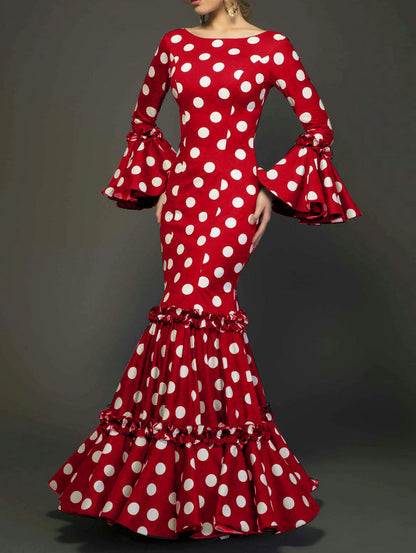 Ladies Evening Dress - Vintage Trumpet Sleeve Polka Dot Floor-Length Gown
