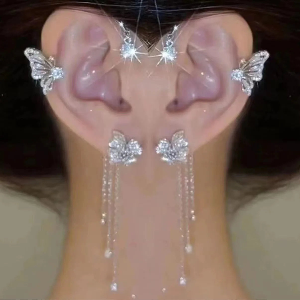 Silver Plated Metal Butterfly Ear Clips Without Piercing for Women Sparkling Zircon Ear Cuff Clip Earrings Wedding Jewelry