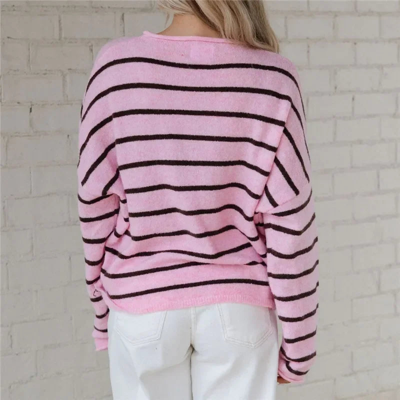 Contrast Striped Loose Cardigan for Women Long Sleeve Button Down Knit Winter Casual Daily Minimalist Sweater Outerwear