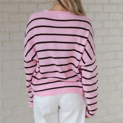 Contrast Striped Loose Cardigan for Women Long Sleeve Button Down Knit Winter Casual Daily Minimalist Sweater Outerwear