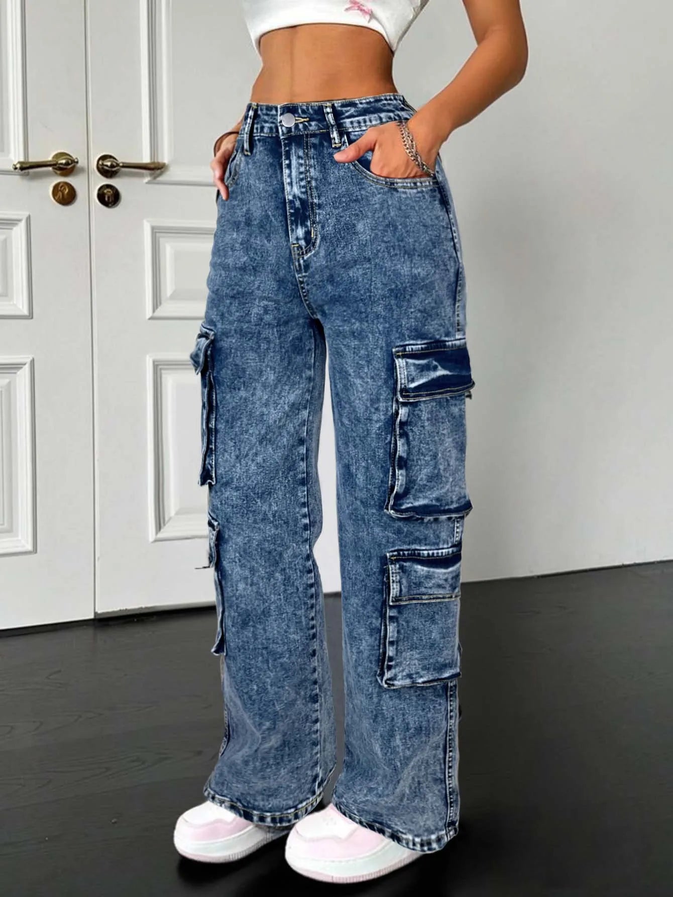 Trendy Casual Street Multi Flap Pockets Tape Elastic Waist Straight Leg Cargo Jeans Denim Pants All-Season Utility Denim Pants