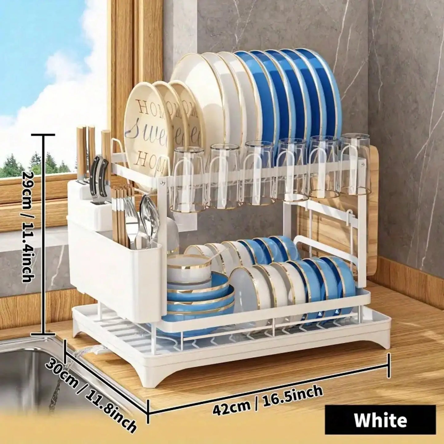 Stozle Double-Layer Dish Drying Rack For Kitchen Countertops, With Drainer Tray, Dish Drying Rack, Kitchen Organization And Stor