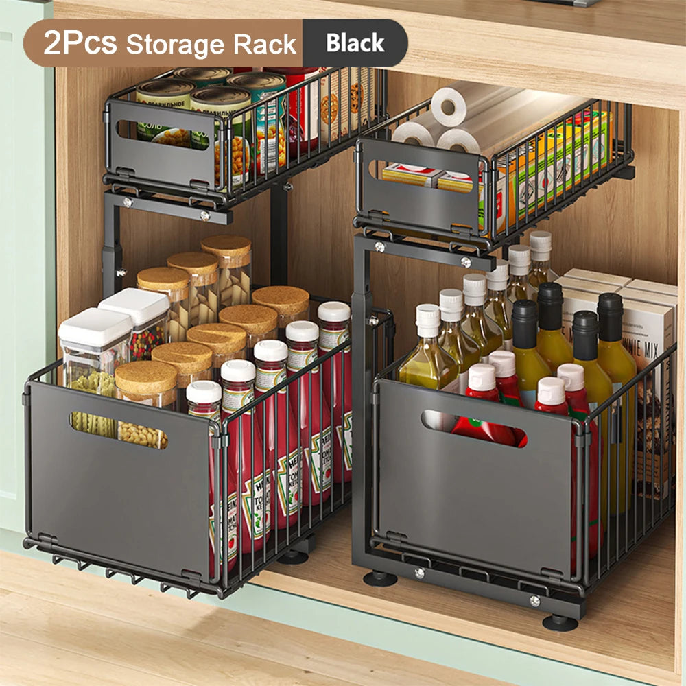 Adjustable 2-Tier Pull-Out Cabinet Organizer - Under Sink Storage Rack for Spice Jars - ZOOMNSTORE