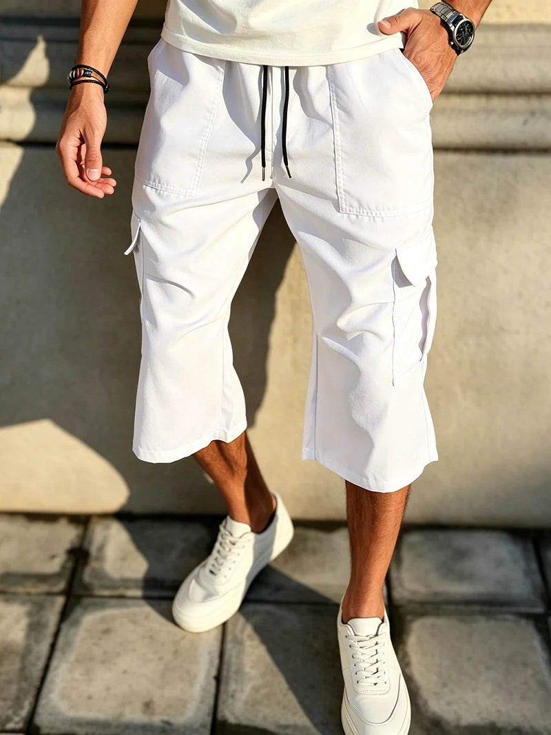 2026 New Men Multi Pocket Cargo Capri Shorts Loose Fit Daily Street Travel Outdoor Casual Drawstring Waist Cropped Short Pants