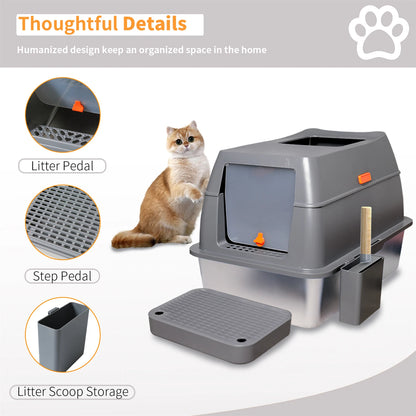 Extra Large Stainless Steel Cat Litter Box with Lid - High Wall Metal Tray for Big Cats - ZOOMNSTORE