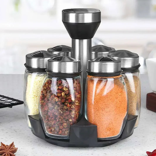 Rotating Spice Jar Set - Glass Seasoning Organizer with Rack for Kitchen Storage