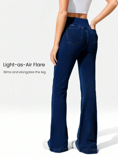 High Stretch Cross Waist Flare Jeans For Women Casual Hip Enhancing Knitted Denim Pants Multi Pocket Fitness Bootcut Trousers