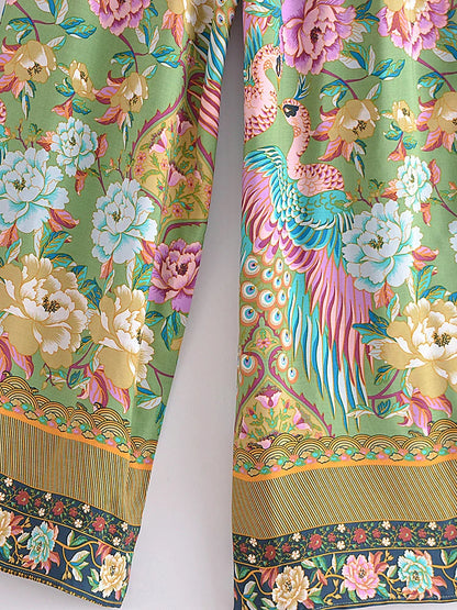 Boho Queens Women Peacock Floral Print Outfits Short Kimono Robe Bohemian Suits Wide Leg Pants 2 Pieces Rayon Boho Sets Swimsuit