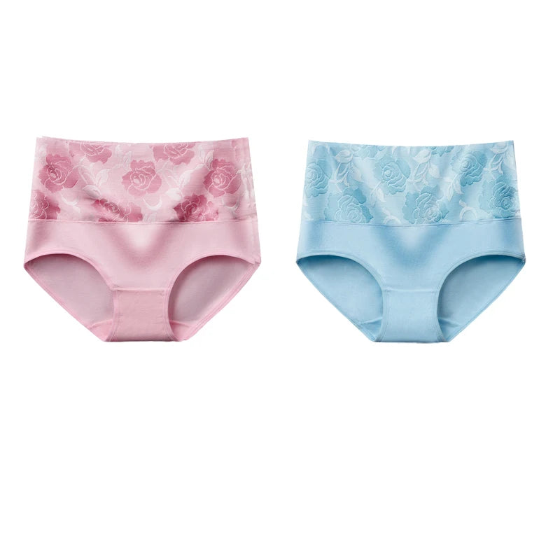 Plus Size L-5XL Women's Briefs Underwear Cotton High Waist Tummy Control Panties Rose Jacquard Ladies Panty Multipack