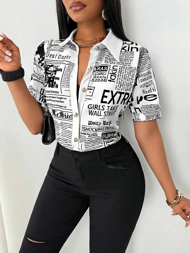 Women Summer Fashion Newspaper Print Single-Breasted V-Neck Women Shirt