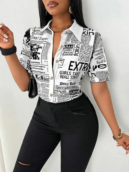 Women Summer Fashion Newspaper Print Single-Breasted V-Neck Women Shirt