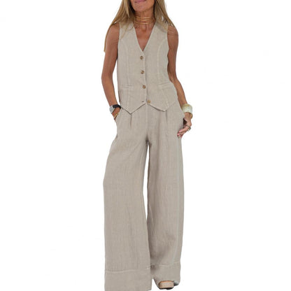 Autumn White Linen Two Piece Set For Women 2023 Fashion Sleeveless Tank Top New In Matching High Waist Wide Pants Set