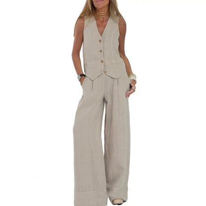 Autumn White Linen Two Piece Set For Women 2023 Fashion Sleeveless Tank Top New In Matching High Waist Wide Pants Set