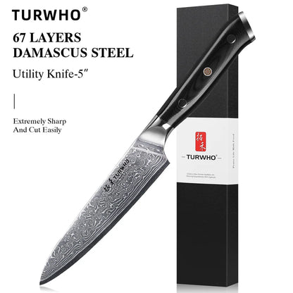 Damascus Steel Kitchen Knife – 5 Inch Utility Knife with Black G10 Handle, Rust Resistant Blade