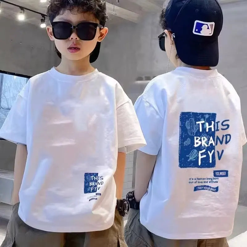 Summer children's casual letter printed T-shirt, summer 100% pure cotton round neck short sleeved T-shirt top