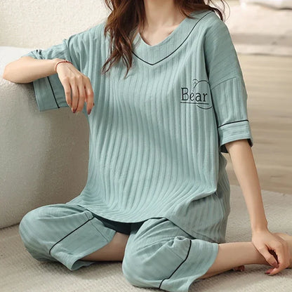 Summer Capris Pajamas for Women Plus Size 5XL Woman Causal Pajama Sets Cartoon Lapel Pijamas Cute Girl Soft Cotton Sleepwear