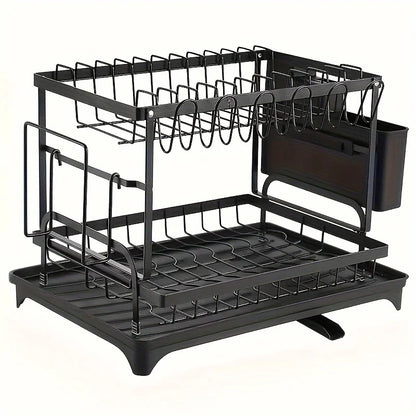 Kitchen Storage Rack - Large Capacity Double Layer Metal Tableware Stand with Drainage