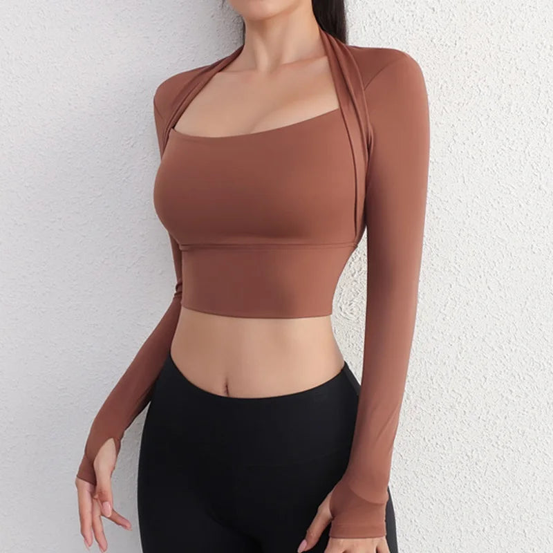 Women Yoga Crop Top | Slim Fit Long Sleeve Shirt - Breathable Knitted Sportswear for Fitness