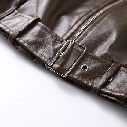 Vintage Leather Bomber Jacket – Women's PU Leather Zip Jacket With Belt & Patchwork Design
