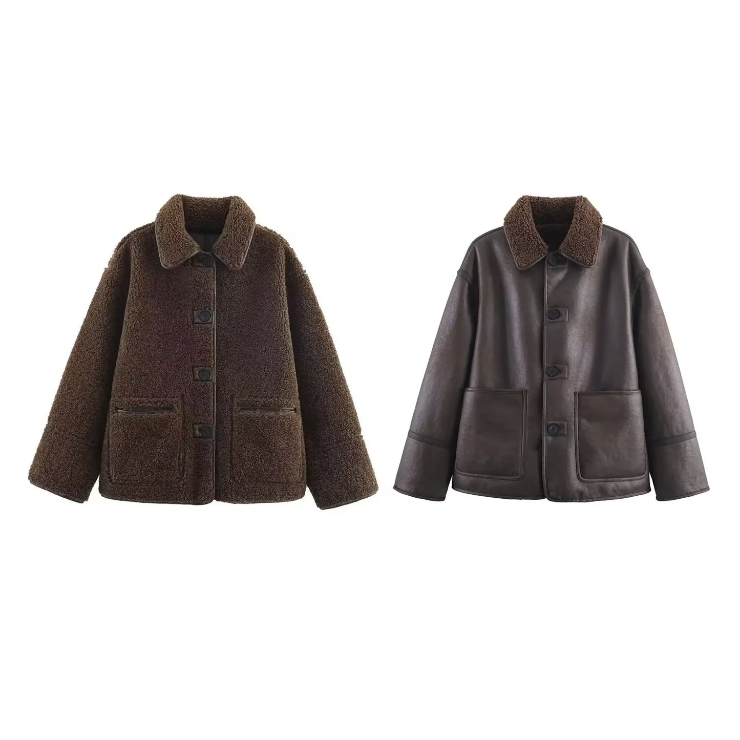 Women Warm Jacket - Casual Streetwear Single Breasted Lapel Collar Coat With Button Decoration