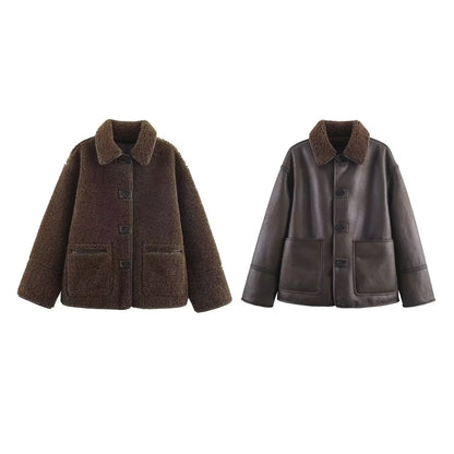 Women Warm Jacket - Casual Streetwear Single Breasted Lapel Collar Coat With Button Decoration