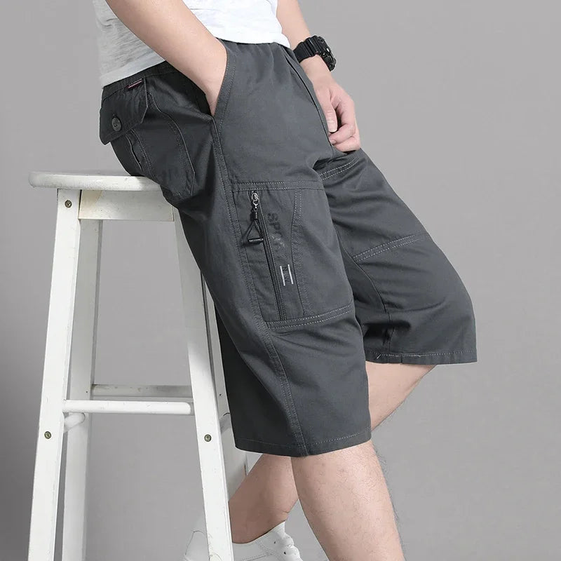 Mens Cargo Shorts - Knee Length Cotton Shorts With Zipper Pockets & Elastic Waist