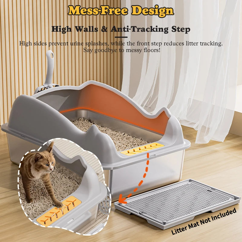 XL Stainless Steel Cat Litter Box with Lid - Easy Clean Odor-Free Anti-Leakage - ZOOMNSTORE