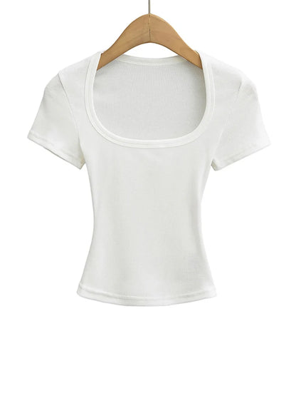 Women's Square Collar Slim Fit Crop Top High Stretch Short Sleeve Pullover Sexy Summer Blouse T-shirt Bottoming