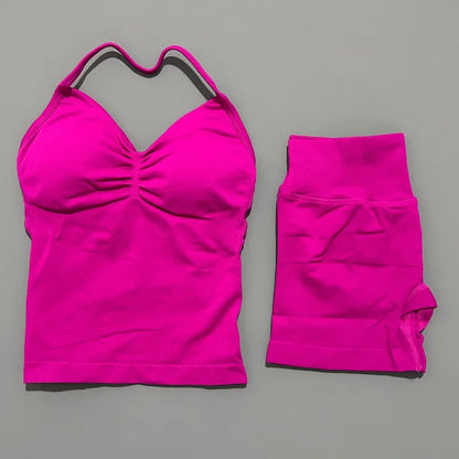 2Pcs HISTELLO Yoga Set Women Halter Tank Top Scrunch Butt Lifting Shorts Ruched Anti Chafe Quick Dry Gym Workout Sports Set