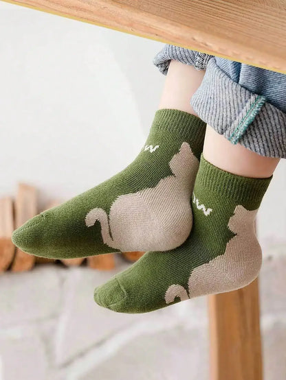 5 Pairs of Four-season Baby Socks Spring & Fall Cartoon Kitten Winter Mid-tube Socks Boys and Girls  Socks Toddler