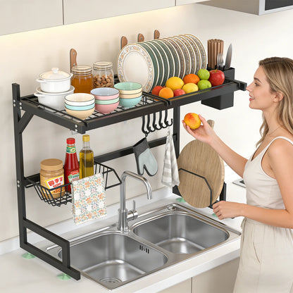 Dish Rack Above Sink - Two Tier Kitchen Draining Rack with Utensil Holder, Large Capacity