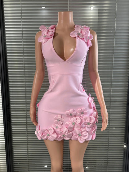 Glamorous Sexy Crystal 3D Flowers Emmbellished Deep V-neck Sleeveless High Waist Evening Party Bandage Mini Dress