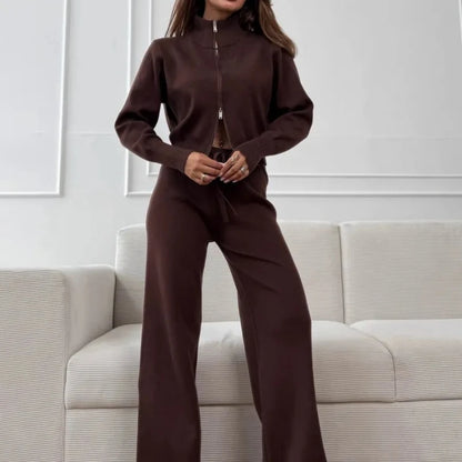 2025 New Trendy Autumn Winter Zip Up Knit Pants Set Women's Trendy Slim Fit Cardigan Pants Chic Commuting Sweater Outfit