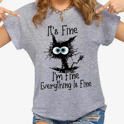Women's Funny Cat T-Shirt – 'It's Fine I'm Fine' Slogan Tee