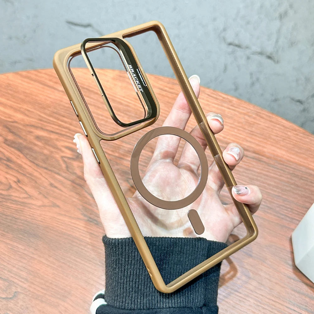 For Magsafe Hidden Fold Lens Holder Case For Samsung S26 S25 Ultra S24 S23 S22 Plus Transparent Magnetic Wirelesss Charge Cover