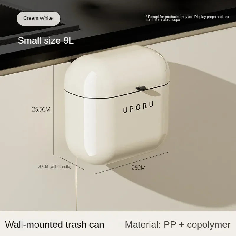 Wall-Mounted Kitchen Trash Can - 9L12L Cream with Lid for Food Waste  Bathroom Use